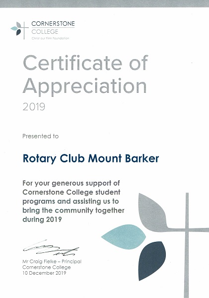 Certificates of Appreciation 2019 2020 Rotary Club of Mount Barker